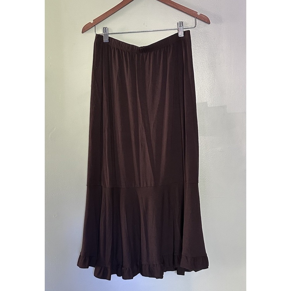 Karol‎ Richardson Midi Skirt Brown Sz S/M Ruffle Hem Stretch Pull On Minimalist